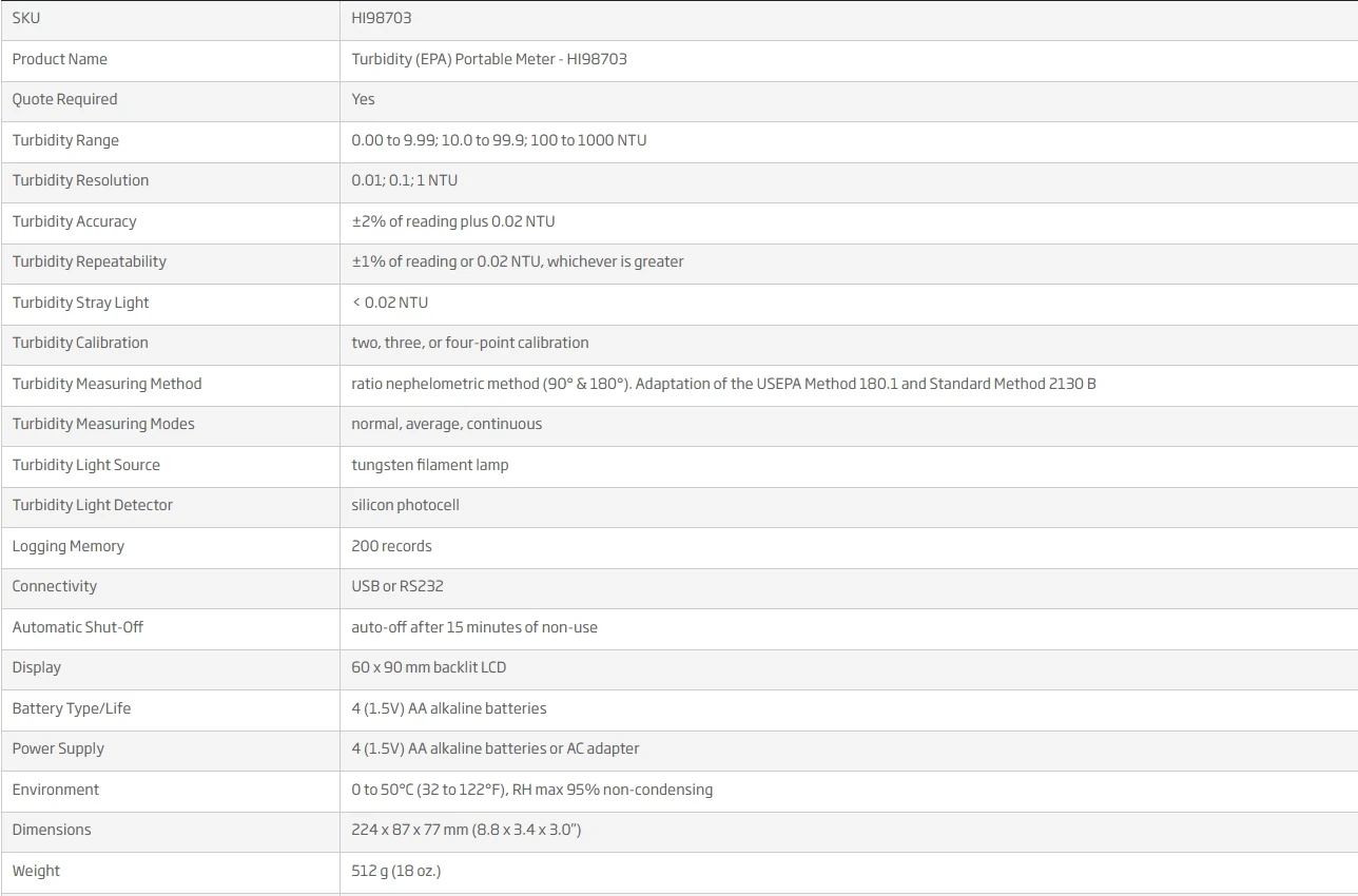 Hanna Hi98703 Portable Turbidity Analysis Meter Multirange Water