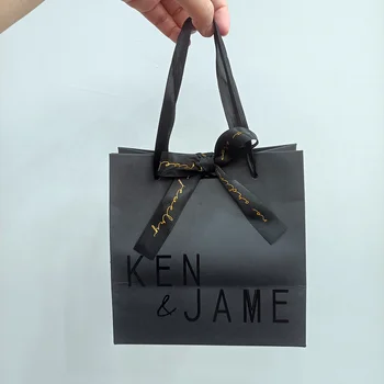 Custom Spot UV Logo Luxury Black Reusable Shopping Bag Gift Paper Bags With Ribbon Handles Matte Black Jewelry Packaging Bag