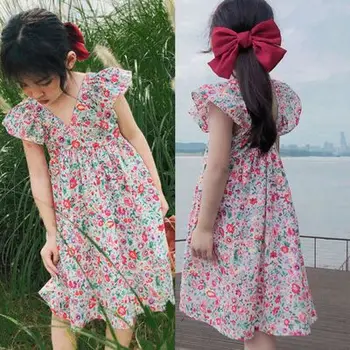 Summer Wears Kids Clothing Sweet Ruffled Floral V-neck Flower Girls' Dresses Baby Girl Dresses