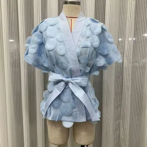 Factory Wholesale Designer Fashion Spring Summer 3D Appliques Cardigan V-Neck Belt Casual Blue White Red Black Yellow Blouse