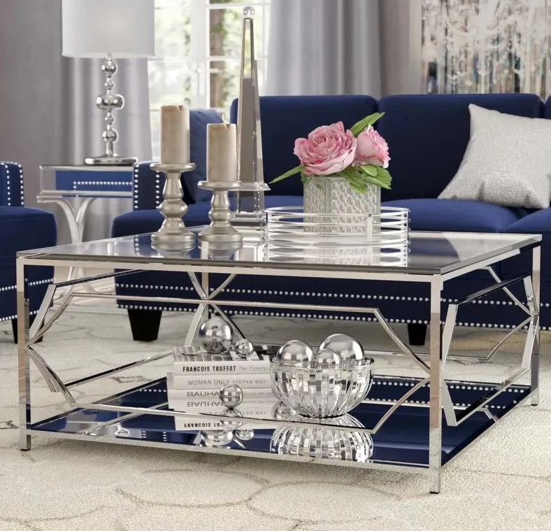 Modern Squared Silver Coffee Table Storage Elegant 2 Tiered Center ...