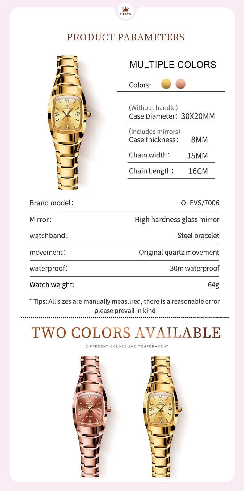 OLEVS 7006 Japan Quartz Movement Water Resistant 3ATM Women Watch Square Shape Dial Gold Tungsten Steel Bracelet Ladies Watches