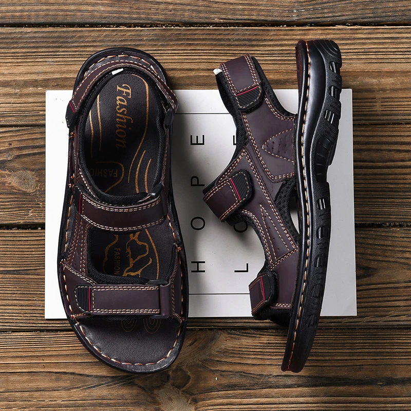 Classic Design Non-slip Open Toe Outdoor Trekking Leather Upper Summer Beach Flat Sandals