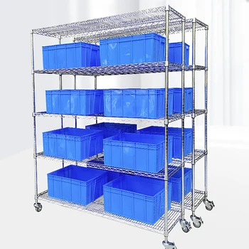 4 layers Adjustable rolling storage shelves wire rack warehouse metal wheels shelving home chrome wire shelving