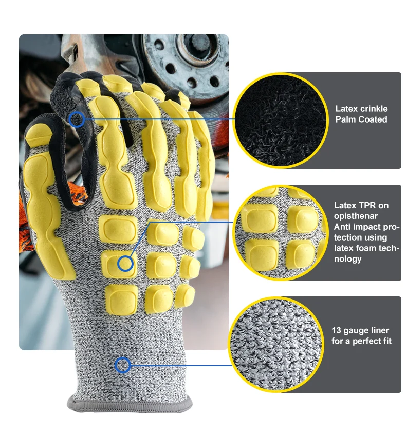 Palm Coated Anti Impact Safety Work Glove Hppe Knitted Gauge Level C