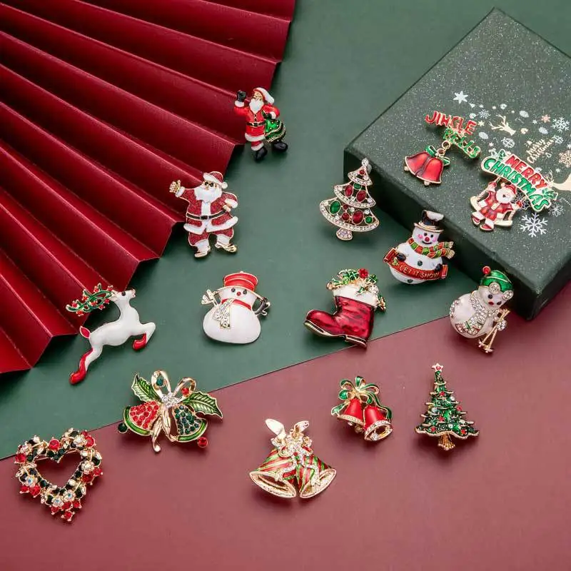 Jana Winkle Gold Crystal Christmas Brooch - Xmas Tree & Snowman Pin, Holiday Party Jewelry Gift - View #9