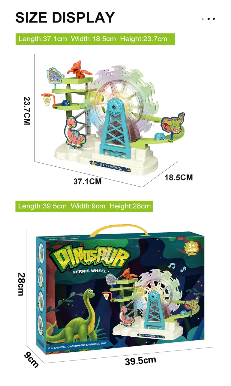 Interesting musical kids plastic dinosaur sliding track rotation electric toy ferris wheel