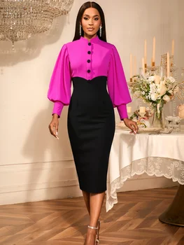 AM050802 Autumn Stand Collar Office Lady Long Larnter Sleeves Contrast Color Formal Women Career Dresses