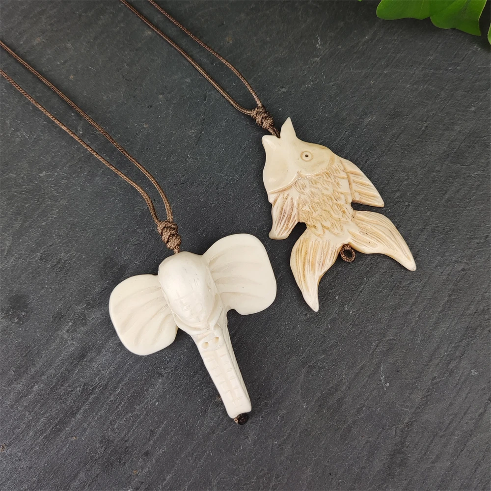 Handmade Woven Rope Necklace Engraving Fish Elephant Charms Natural Yak  Bone Animal Pendant Unique Jewelry for Men Women Gifts