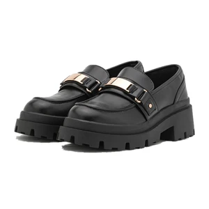 Women Black Leather Platform Loafers Gold Buckle Chunky Lug Sole Height Increasing Daily Casual Comfort Shoes Wholesale OEM ODM
