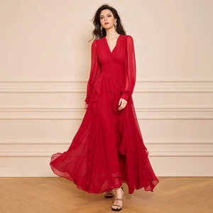 ZYHT 73918 Lady Mon Girlfriend Christmas Gift Ruffle Long Sleeve Red Chiffon Ruffle V Neck Ruffle Maxi Dress