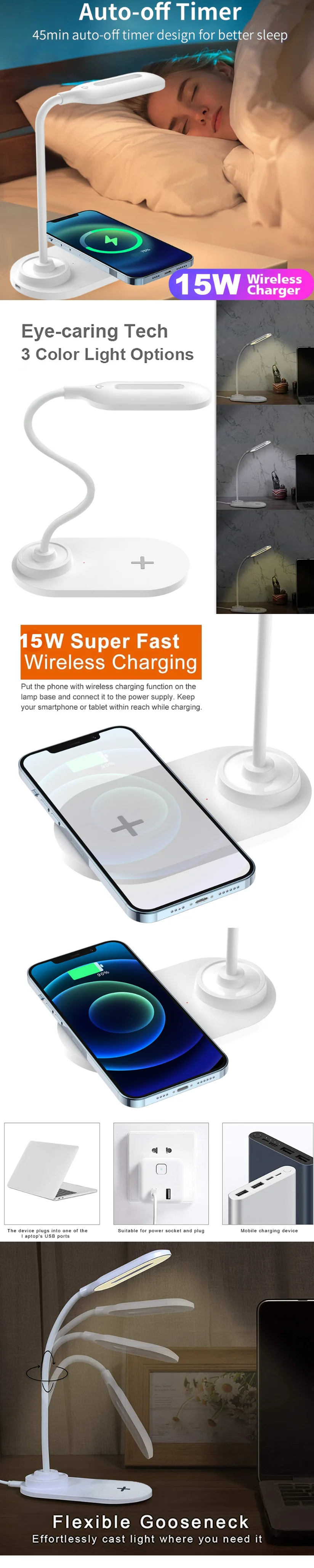 HT-12 Color LED Desk Lamp Built-in 15W Wireless Charger for Students Table Lamp Creative New Product