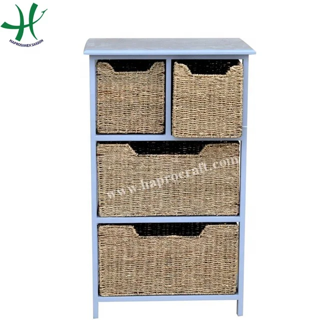 4-Drawer Wooden Chest with Natural Seagrass Drawers (TH 3231) for Living Room Storage of Clothing and Tools