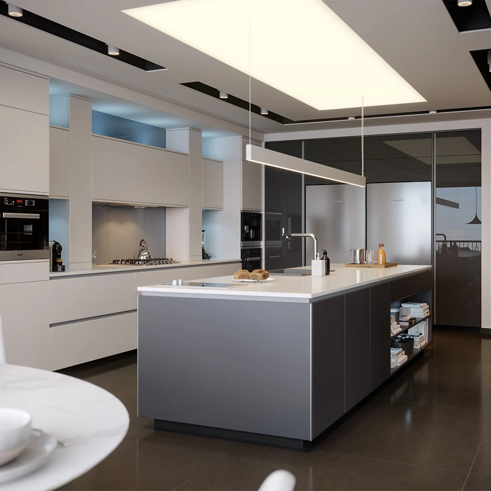 Modern White Modular High Gloss Kitchen Cabinets With Round Design Island