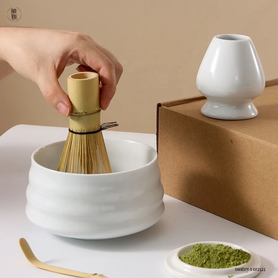 New Japanese Gift Box Matcha Set Whisk and Bowls Custom logo Matte Black White Ceramic Matcha Bowl with Spout