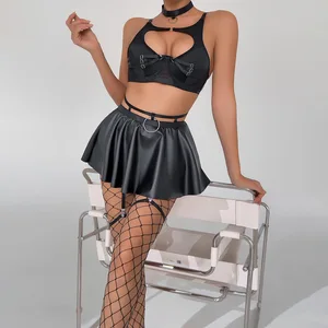 Dark Gothic Harness Lingerie Set Sexy Cut-Out Bra with Leather Mini Skirt