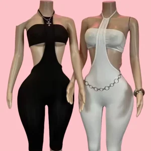 Viviblook J25ST200 Women's Sexy Solid Color Lace up Strapless Vets Backless Tight Romper Two-piece Set