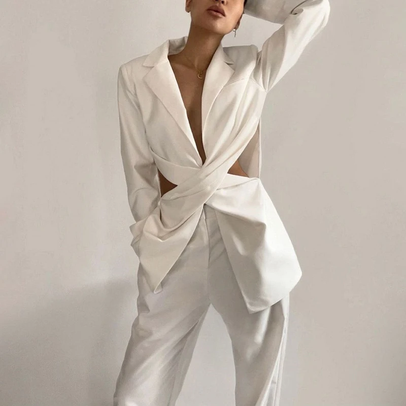 Suit casual Designer Cutout lapel white blazer dress korean blazers ladies women