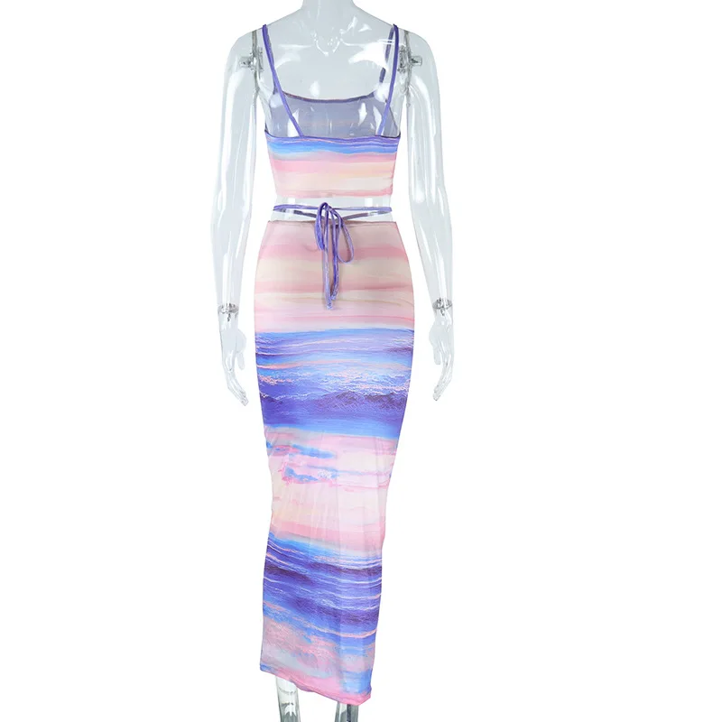 Spaghetti Strap Crop Top and Long Pencil Skirt 2 Piece Set Elegant New Printed Fall 2023 Women Clothes