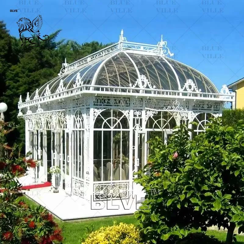 BLVE Large Custom Victorian Style Outdoor Garden Sun Room Wrought Iron Gazebo Glass Green House for Yard