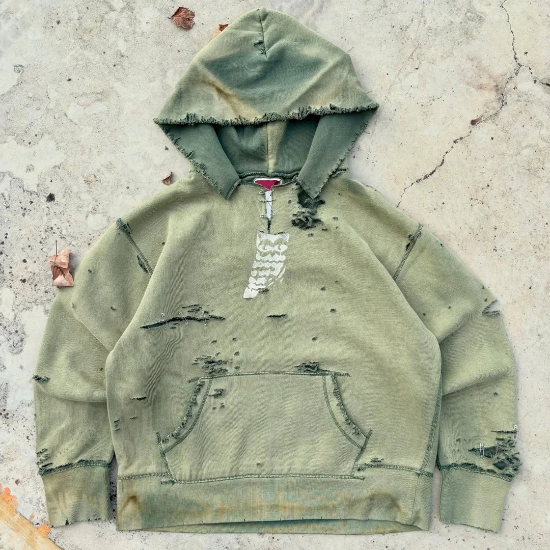 Vintage-streetwear-hoedie van 100% sywer met suurwas- en geskeurde besonderhede, aangepaste skermdruk, los, hangskou-uniseks, ODM-ondersteuning