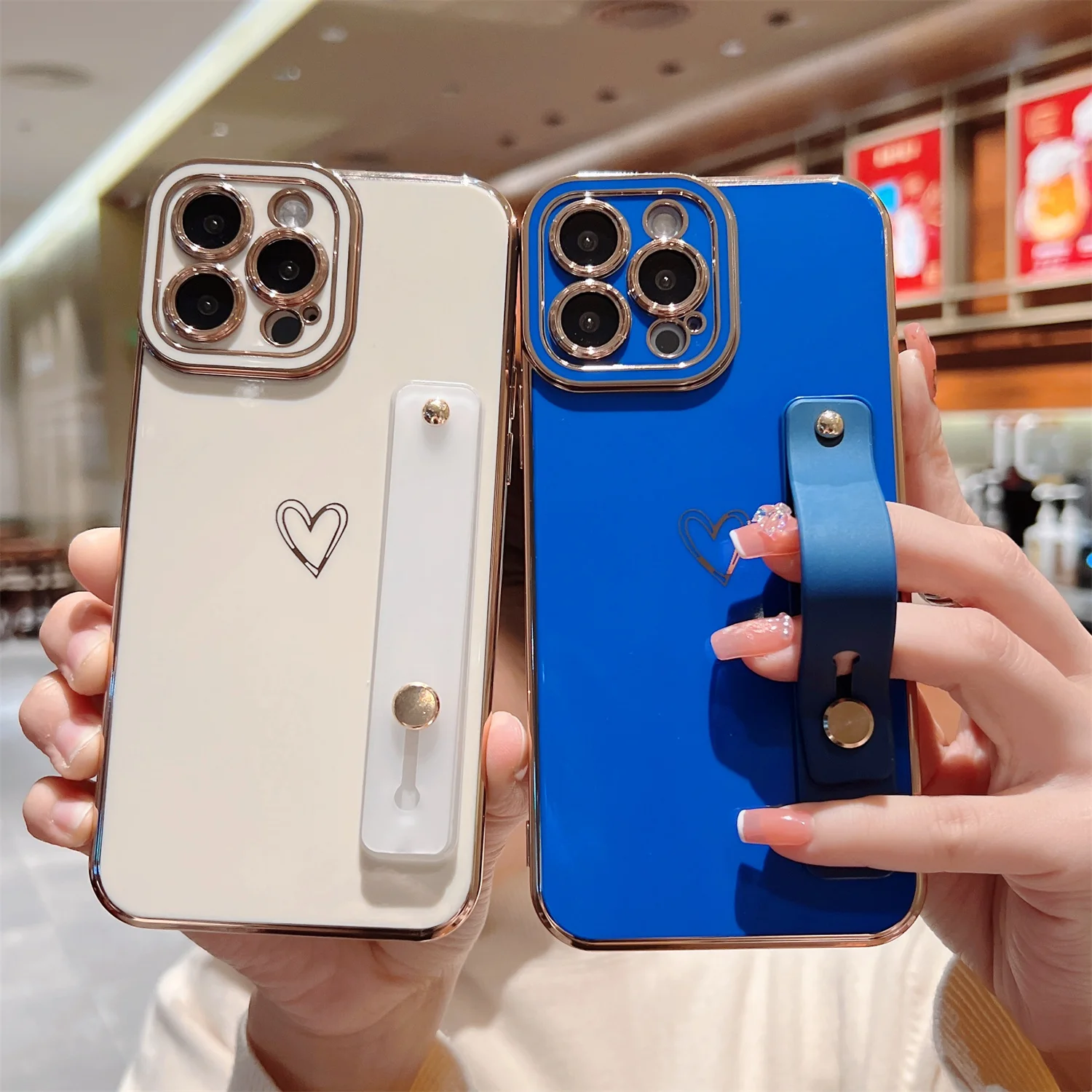 Модный женский чехол для телефона с сердечками для девушек для iphone 12 13 14 pro max Plus, гальванический мягкий чехол из ТПУ с ремешком на запястье