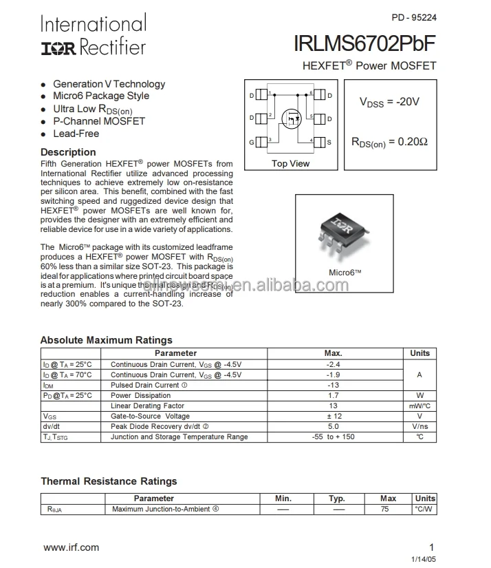 Hot sale Original IRLMS6702TRPBF Transistor MOSFET P-CH 20V 2.4A P-Channel 20 V 2.4A (Ta) 1.7W (Ta) Surface Mount SOT-23-6