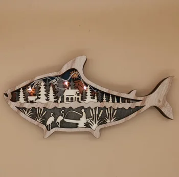 Hot-selling wooden crafts carved fish LED lighting forest marine home holiday desktop decoration