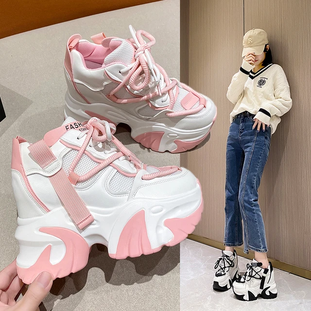 white pink platform sneakers Lace-up Wedge Sneakers Women Breath Thick Bottom Leisure Walking Shoes