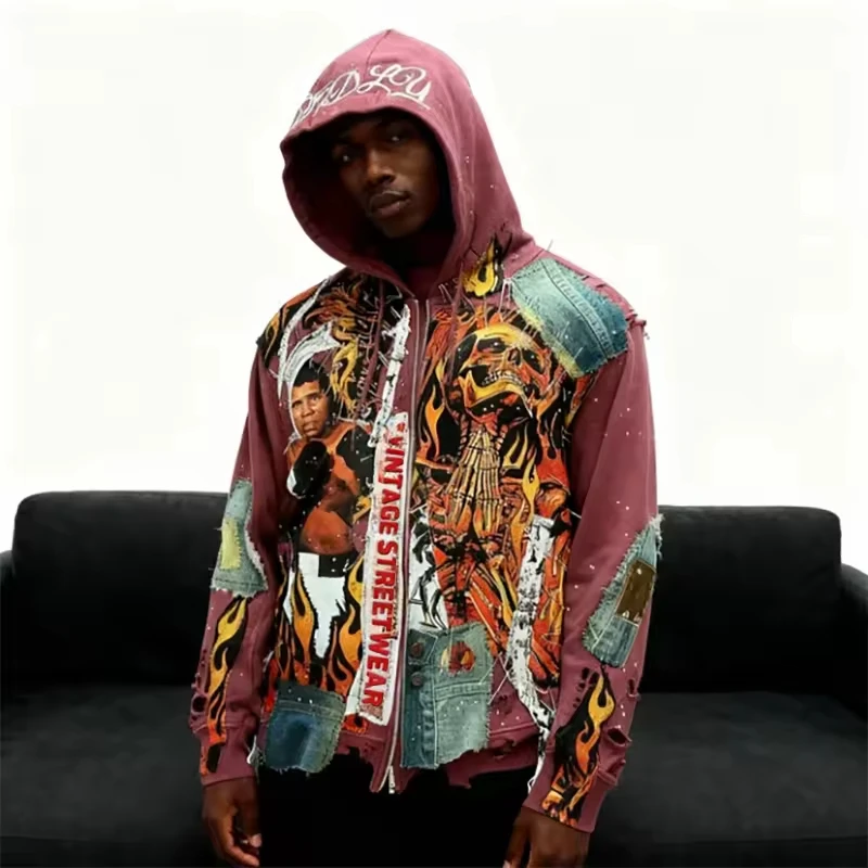 SALATI Custom Graffiti Embroidered Print Graphic Heavyweight 100% Cotton Ripped Distressed Rhinestone Zipper Hoodie Streetwear gallery 3