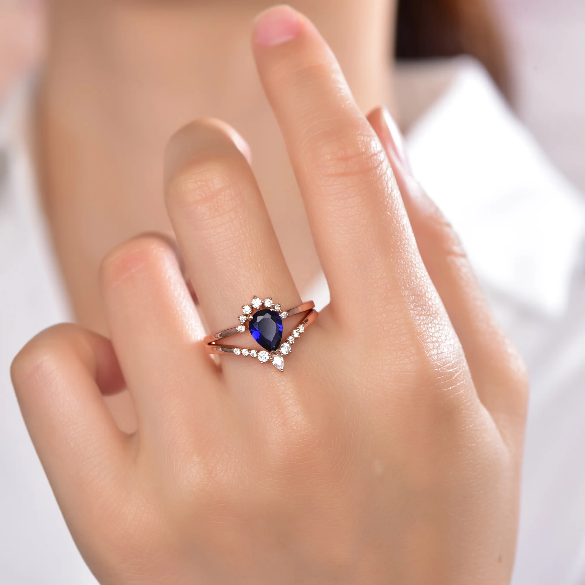 2 piece 925 engagement ring set dark blue diamond rose gold plating womens wedding rings