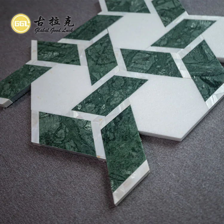 Polished Green White Marble Mosaic Mix Shell Tile Water Jet Stone Irregular Shape Mosaic Tile for Wall Floor Decor supplier