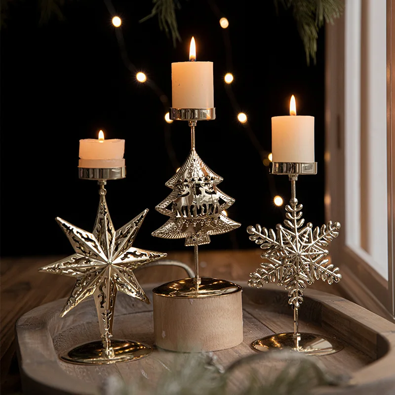 Minimalist Christmas Home Decoration Candle Holder Ornaments Metal Crafts Iron Snowflake Xmas Tree Shape Christmas Candlesticks