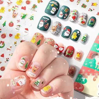 5D Christmas Nail Art Embossed Stickers featuring Santa Claus, Snow man, and Elk Designs for Festive Nail Decor