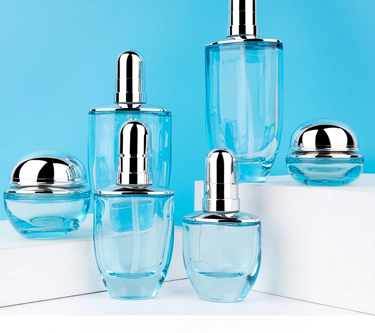 50ml 30ml  luxury clear blue cosmetic face lotion cream glass bottle jar packaging set with pump factory