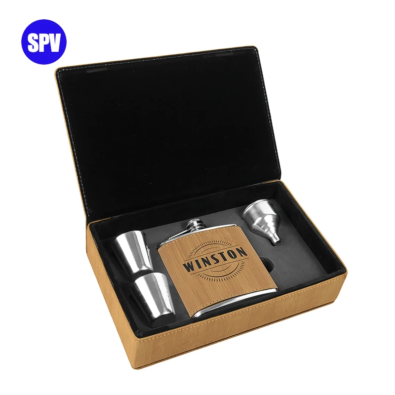 Hot Selling Laserable Leatherette 6oz Stainless Steel Hip Flask Set with Funnel and 2 Cups for Gift Box