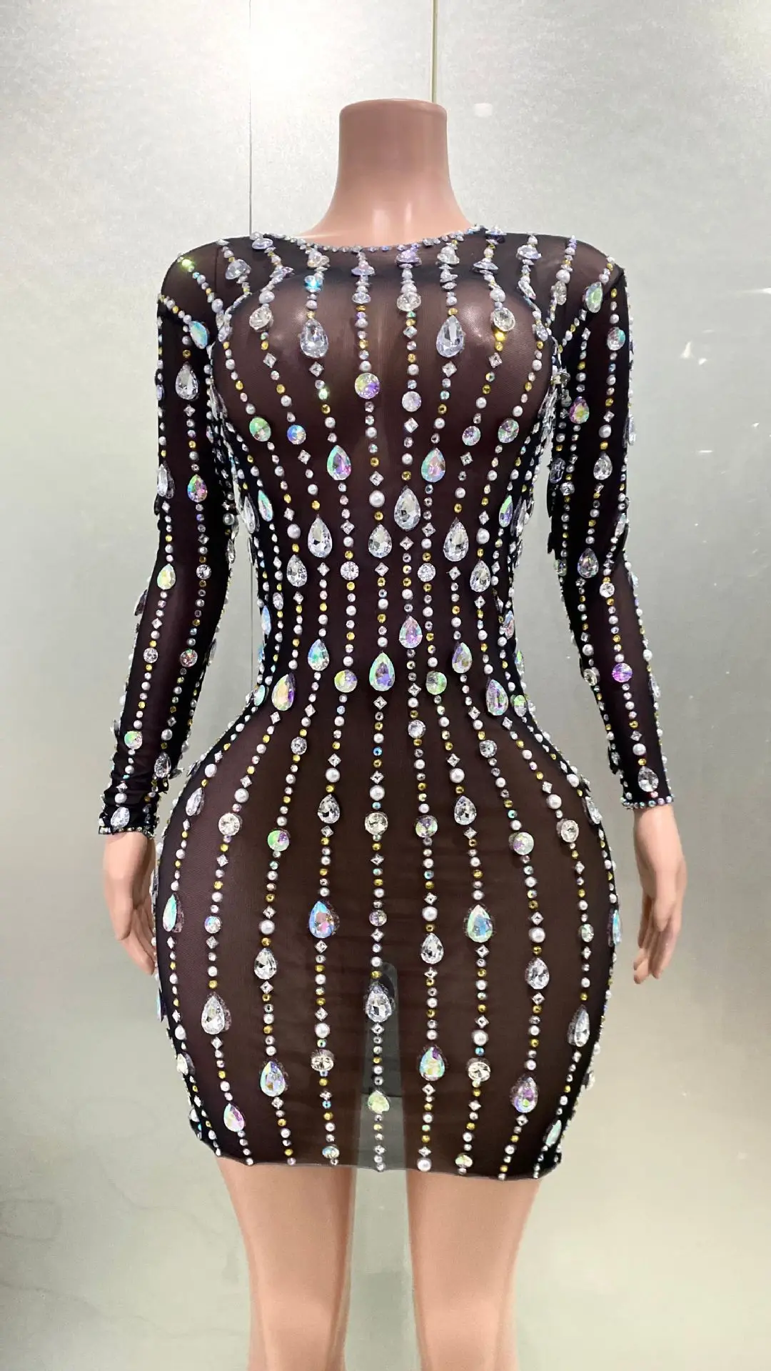 Shiny Drop-shaped Diamond Sexy See-through Mesh Tight Dress Fashion Hot ...