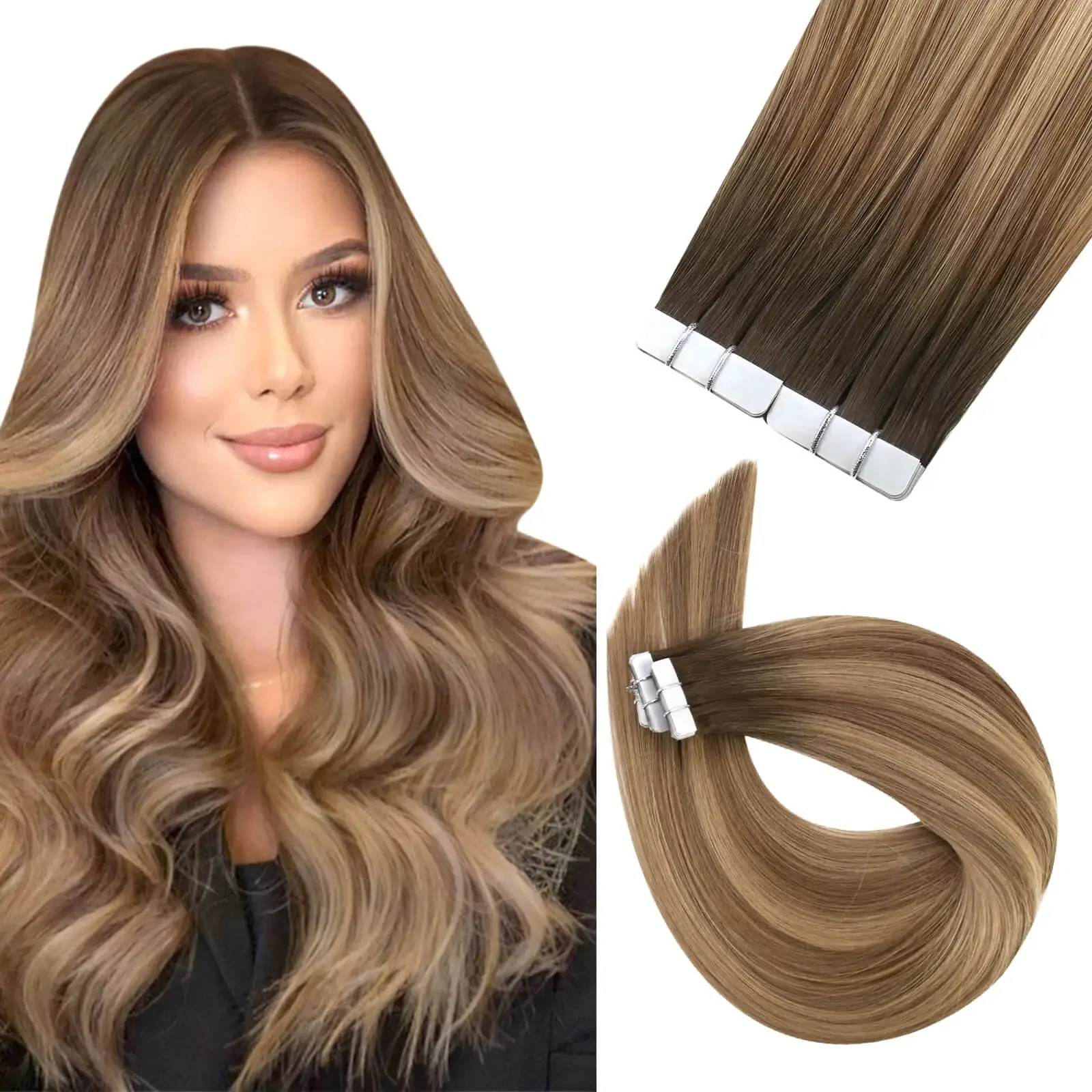 Extensii de păr LaaVoo Balayage, 10 buc. și 20 buc., păr uman 100% natural, păr virgin, rezistent la 12 luni, fără cusături, fixate cu bandă adezivă_voghion.com