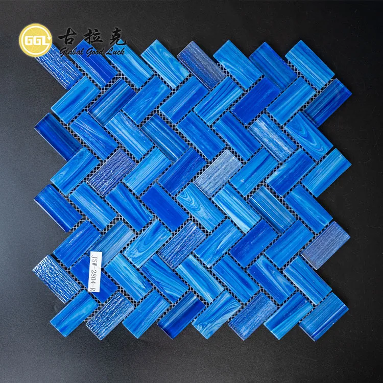 Directly Selling Surface Shining Swimming Pool Herringbone Tile Glass Mosaic Tile Crystal Mosaic Glass Tile for Wall Decor