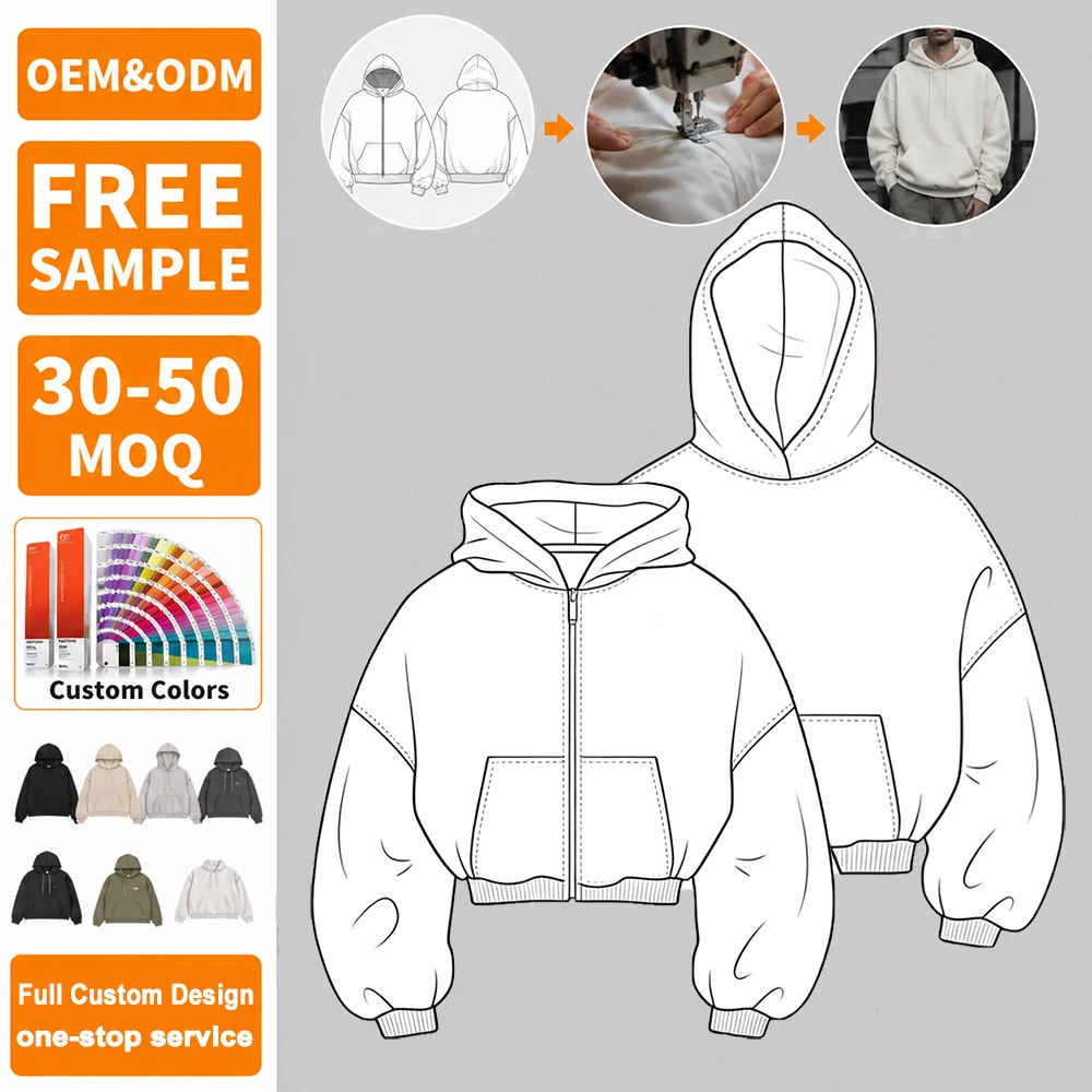 Clothing Manufacturers Streetwear Custom Heavy Weight 100% Cotton Oversize Solid Blank Baggy Boxy Zip up Cropped Hoodie Men