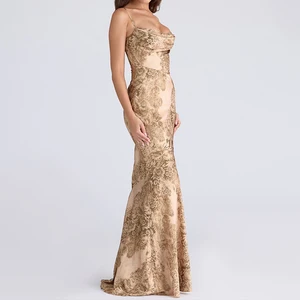 ZYHT 73957 Hot Selling Women Lady Printed Satin Beige Mermaid Fish Tail Floor Length Party Cocktail Evening Dress Gown