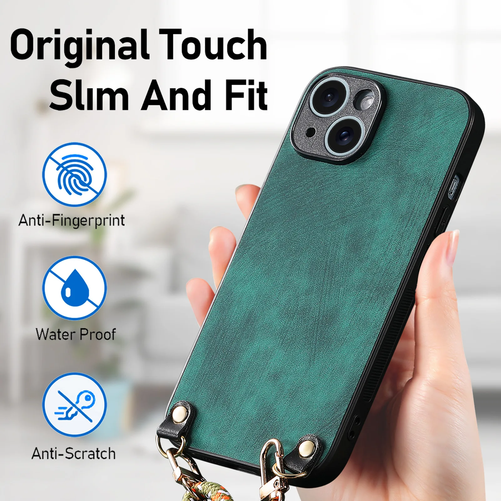 Shockproof Chain Crossbody Plain Leather Case With Wrist Strap And Lanyard For IPhone 17 AIR 16E 15 Pro Max_voghion.com