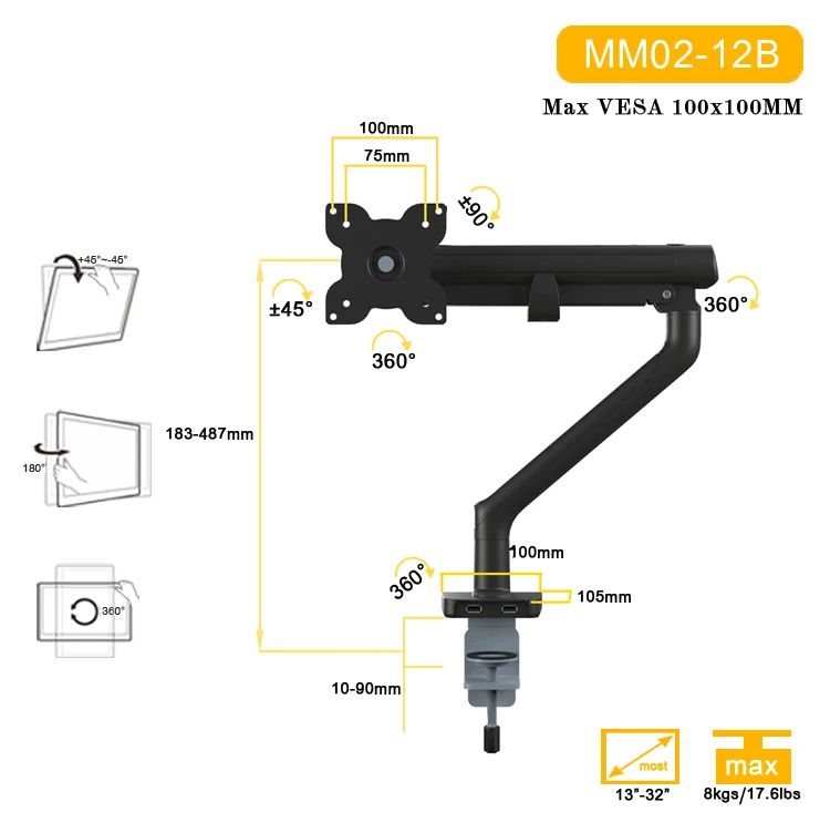 HUANUO Single Onitor Ar For 13" To 32" Screen, Height Adjustable Gas