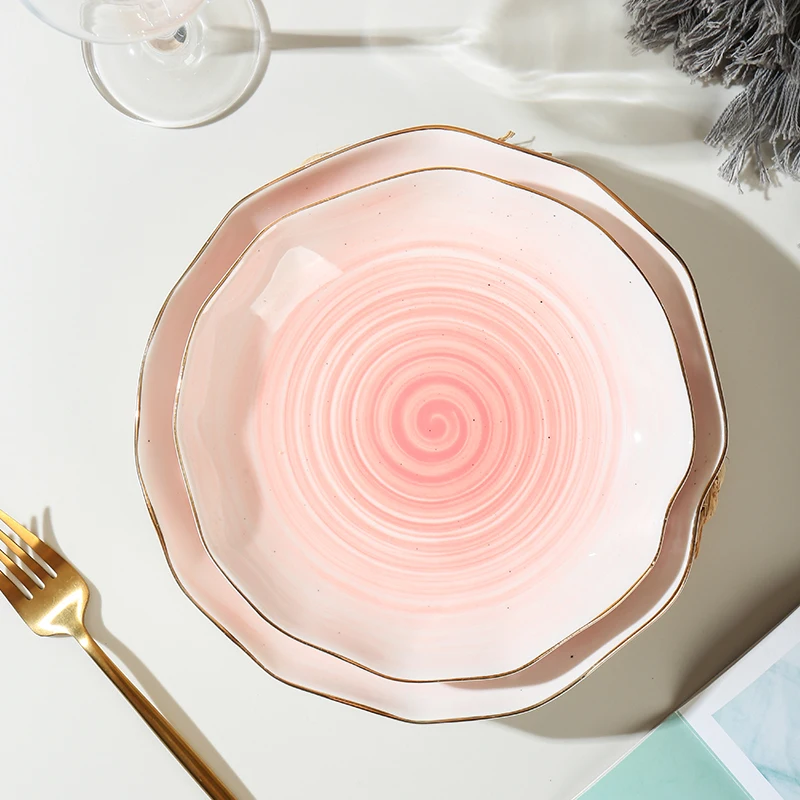 Wholesale Table Wavy Rim Sesame Glaze Orange Color Gold Rim Personalized Salad Cereal Ceramic Decorative Bowl and Plate supplier