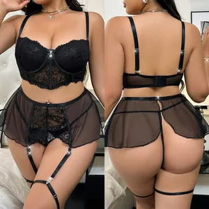 High-Sexy Women's Three-Point Lace Split Underwear Suit Low-Rise Bikini Pants Adjustable Straps Solid Pattern Breathable