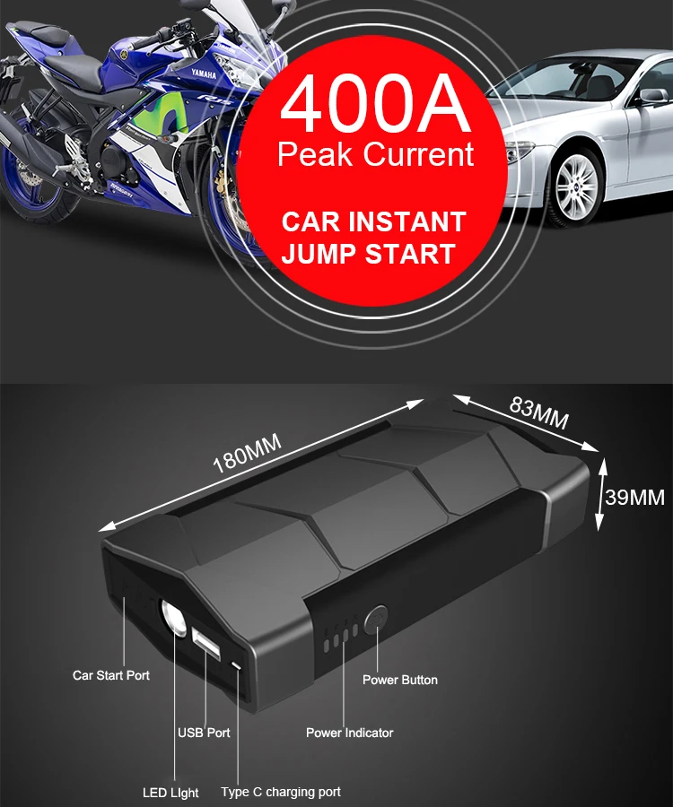 Wholesale 400a Peak 12v Portable Car Jump Starter 6000mah Booster Pack