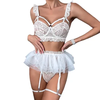 Three-Layer Folding Puffy Three-Dimensional Mesh Three-Piece Women Lingerie Sets White High Quality Erotic Panties For Girls