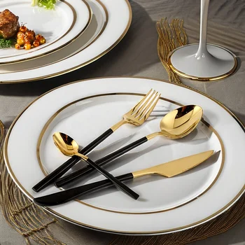 Low Price Custom black gold flatware 5 pcs cutlery set royal stainless steel knife fork and spoon set for restaurant