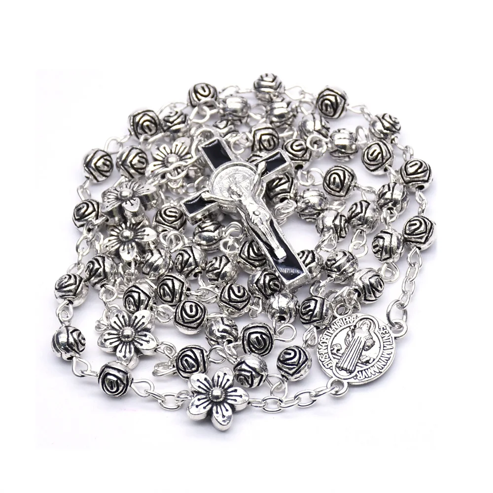 Holy Virgin Metal Rose Flower Beads Rosary Necklace Gift