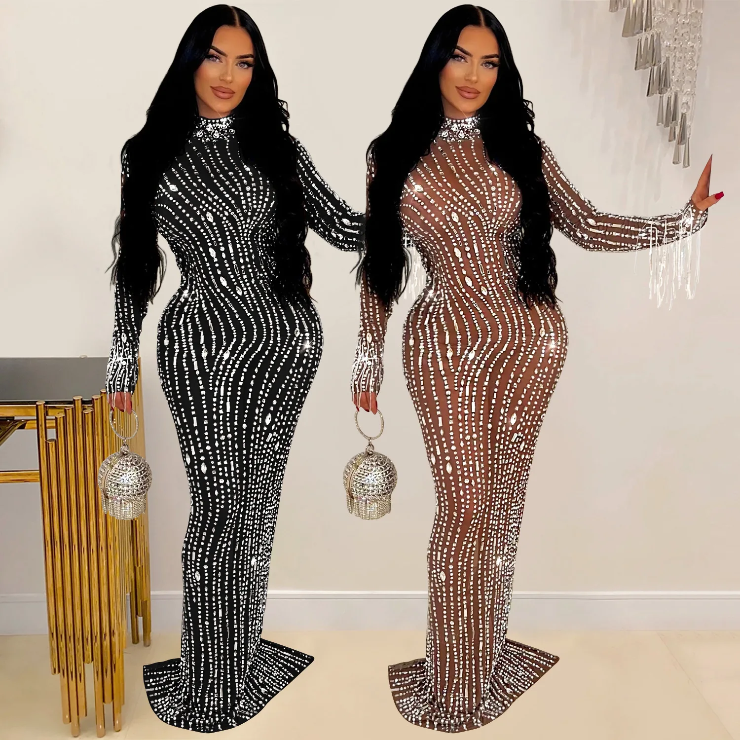 C6919 Women's Solid Color Mesh Hot Drilling Dress European American Fashion  Long Independent Station for Amazon Party Front| Alibaba.com